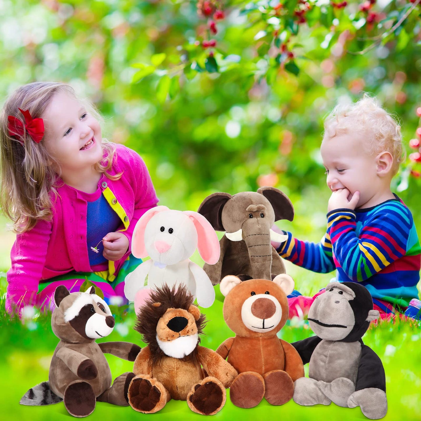 24 Pcs Valentines Day Plush Safari Stuffed Animal Set 10 Inch Cute Plush Jungle Animal Toys Lion Elephant Tiger Giraffe Zebra Panda For Boys Girls Classroom Prize Awards Birthday Party Supplies
