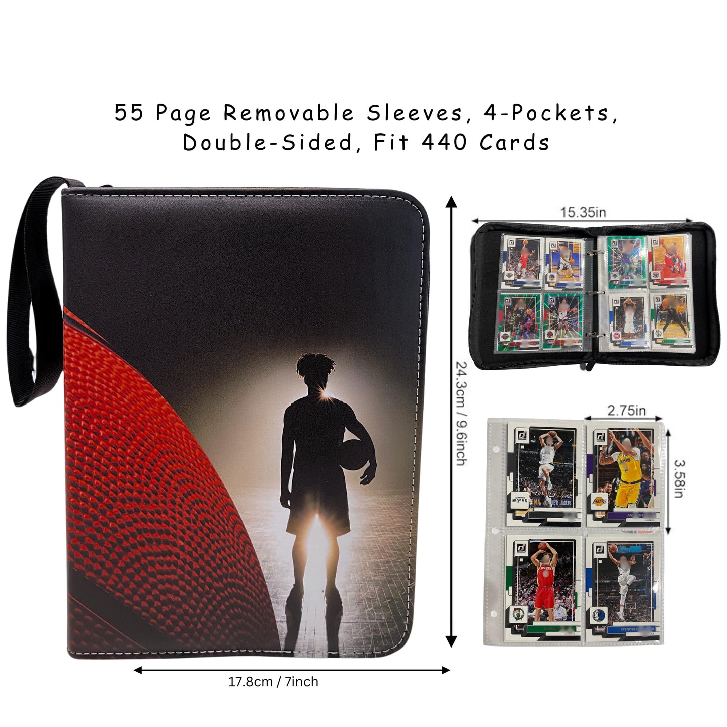 Basketball Card Binder Trading Card Album with 55 Removable Top Loader Sleeves Fit 440 Basketball Baseball Soccer Football Cards Compatible with 2024 2025 Topps Sports Card & TCG Collections.