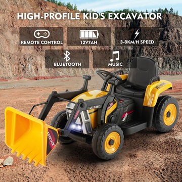 Joyldias 12V Ride On Excavator With 2.4Ghz Remote Control, Electric Construction Vehicle Bulldozer For Kids Digger With 3 Speeds, Bluetooth, Microphone Jack, Music, Lights, Yellow