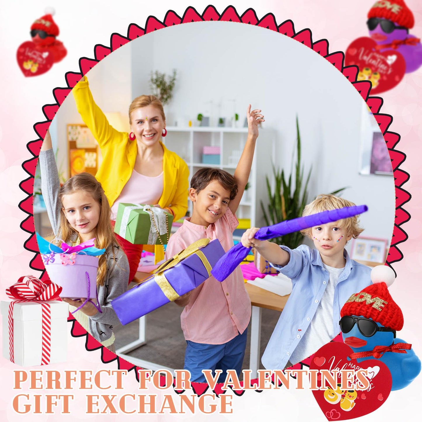 Chivao 48 Pcs Valentine'S Day Mini Rubber Ducks With 48 Valentine'S Day Cards 48 Sunglasses 48 Hats, Party Favors Holiday Mini T