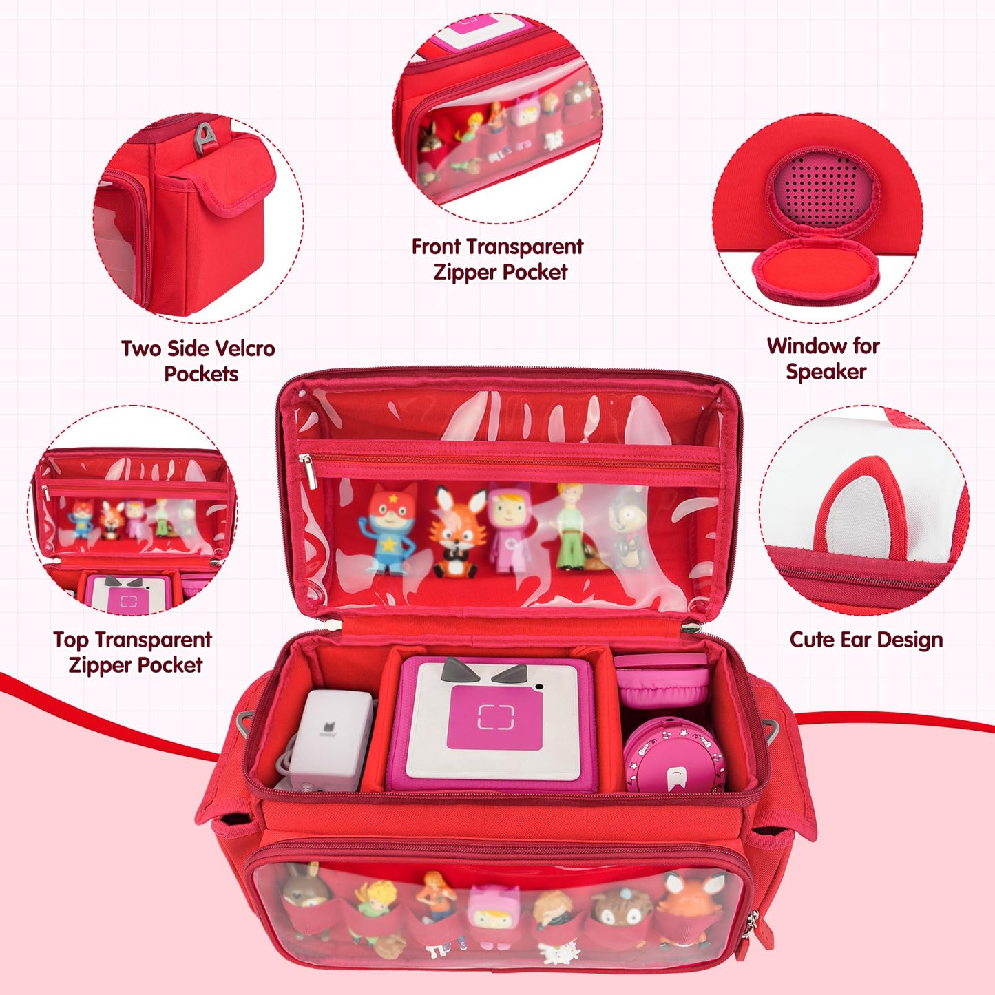 Jaffzora Carrying Case Compatible with Toniebox 2 & 1 Starter Set Cute Storage Bag Fits for Tonies Figures Characters Tonies Headphones & Accessories Red(Bag Only)