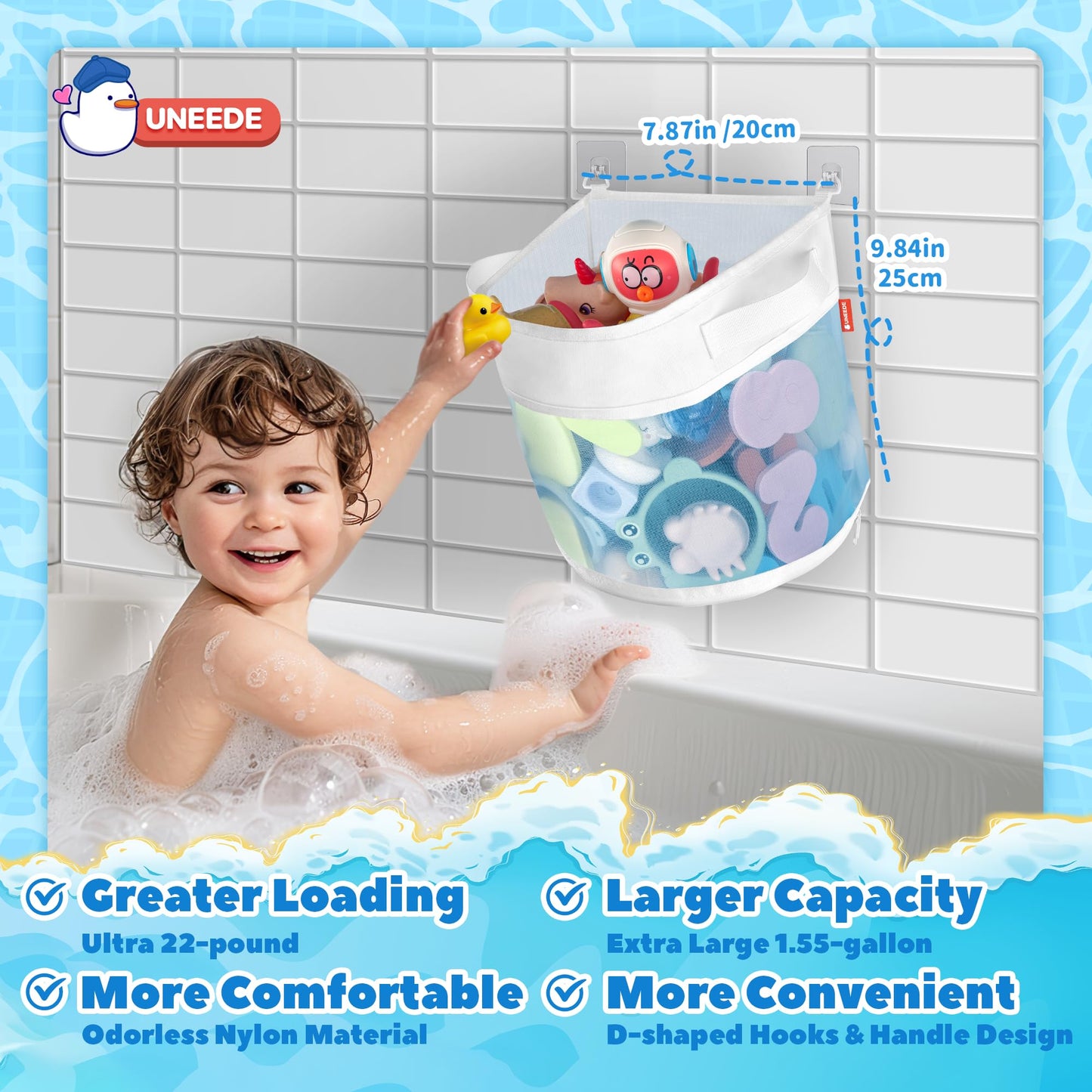 Uneede Bath Toy Organizer,1.55 Gallons Bathtub Toy Storage Organizer,Quick Access Bath Toy Holder For Bathtub,Baby Organizer And