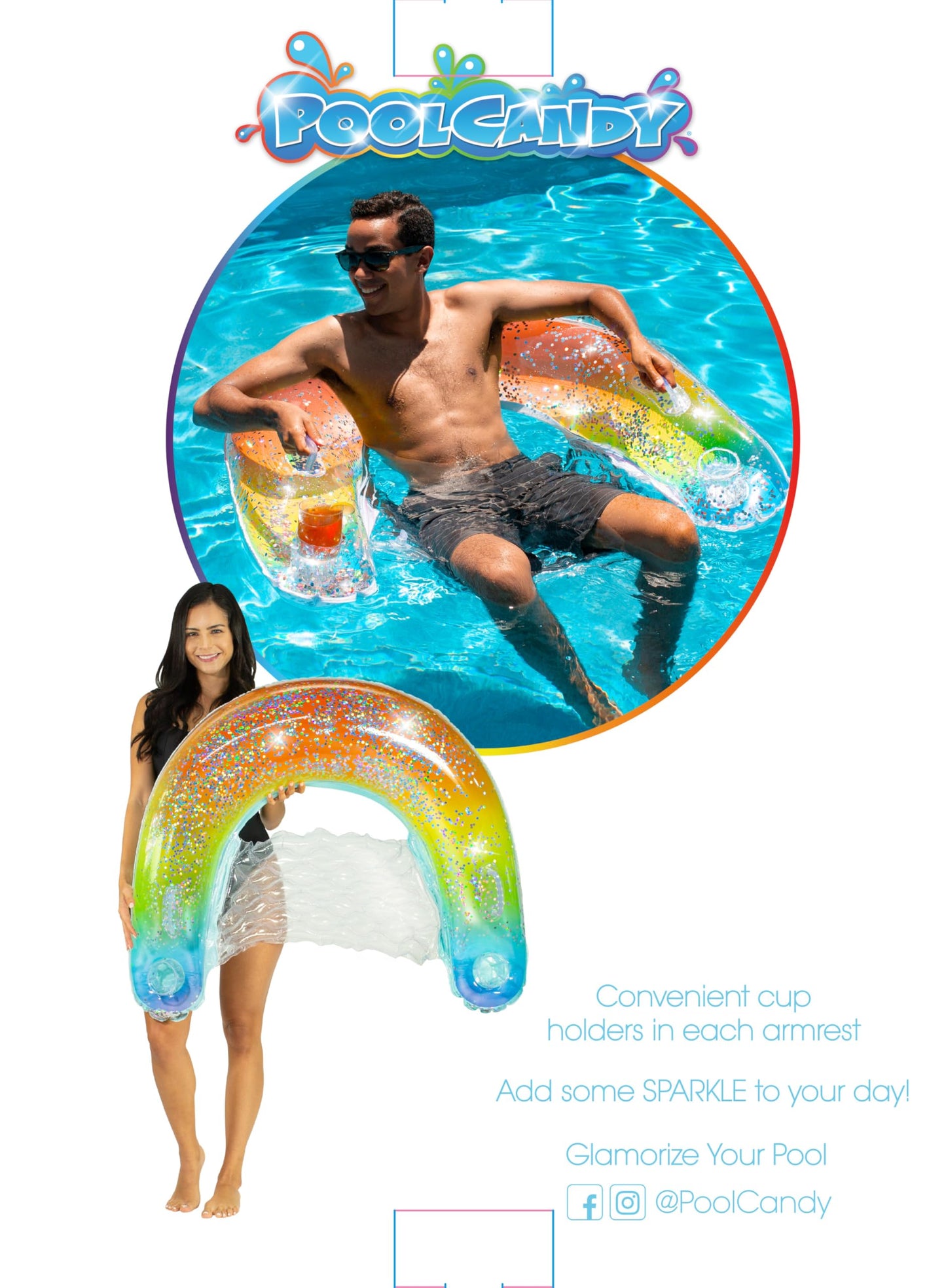 Poolcandy Sun Chair Water Raft, Multiple Chair Styles (Rainbow Haze + Glitter Sun Chair Pool Float)