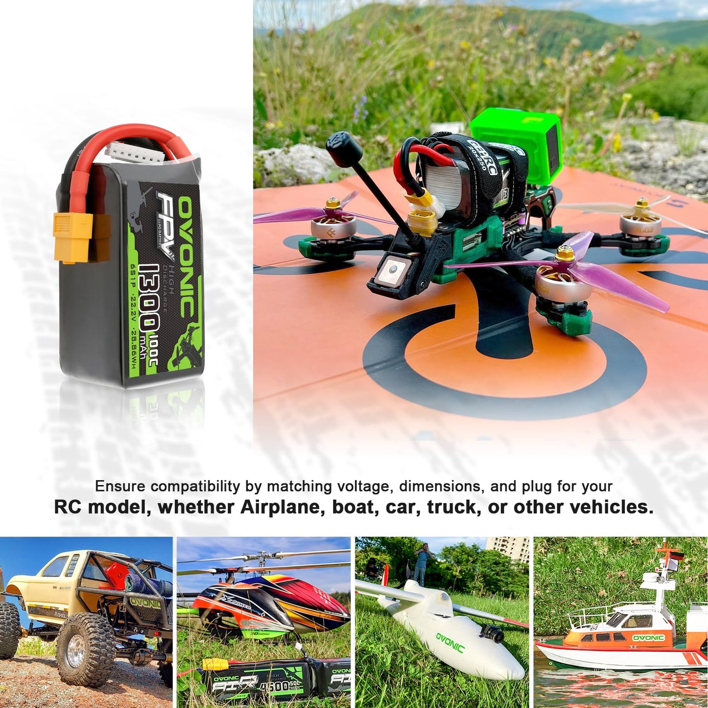 OVONIC 6S Lipo Battery 100C 1300mAh 22.2V Lipo Battery with XT60 Connector for RC FPV Racing Drone Quadcopter