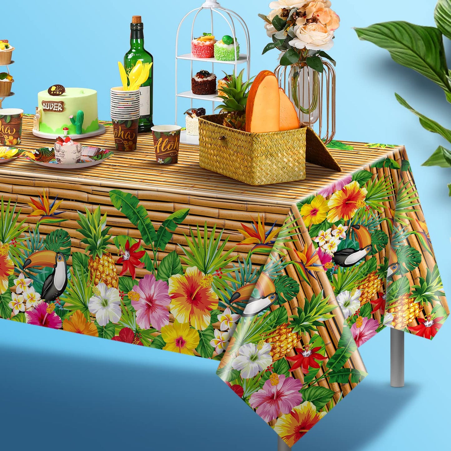 Frienda Tiki Tablecloth Tiki Decorations Luau Table Cover Hawaiian Party Plastic Table Cloth Disposable Tiki Totem Decor For Hawaii Beach Tropical Decoration Supplies Aloha (Modern Style, 3 Pieces)