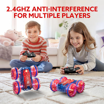 Waterproof RC Cars for Kids with LED Lights, Remote Control Car for Boys Age 4-7 8-12 4-8, Amphibious 4WD Stunt Car Swimming Poo