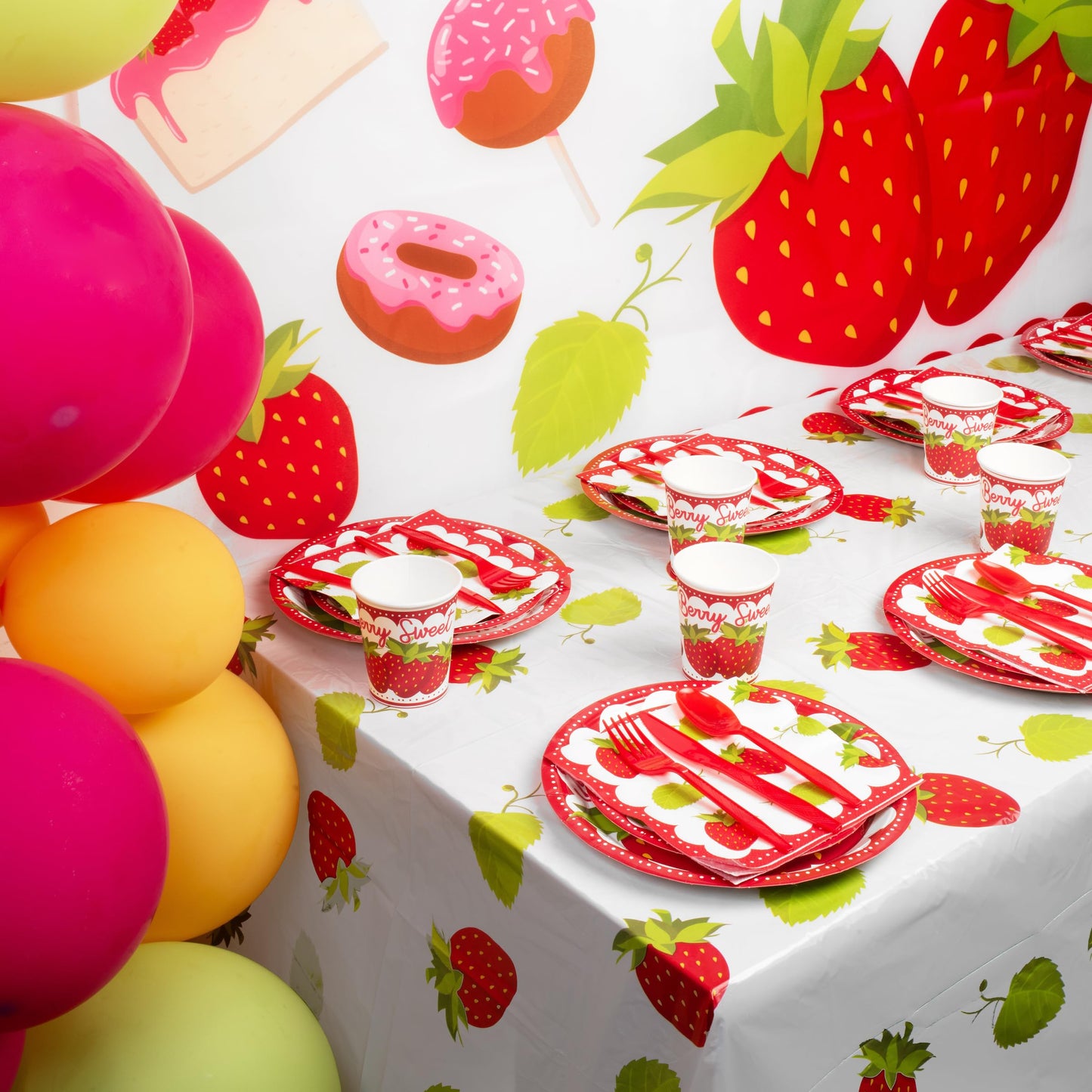 All-In-One 357 Pc Strawberry Party Decorations (Serves 24) Strawberry Party Supplies With Plates, Cups, Napkins, Tablecloth, Bal