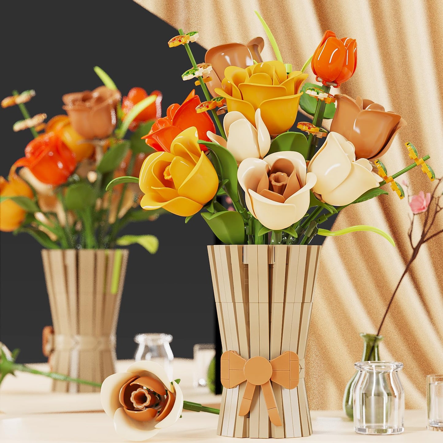Chanbrick Roses Building Set Flowers Bouquet With Vase Botanical Collection For Adults -868Pcs
