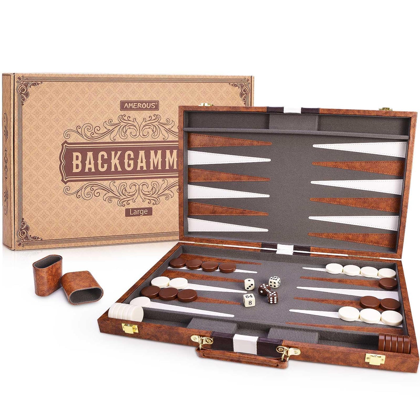 Amerous Backgammon Set, 18 Inches Classic Board Game Withleather Case, Folding Board, Gift Package, Portable Travel Strategy Backgammon Game Set For Adults, Kids (Large, Brown)