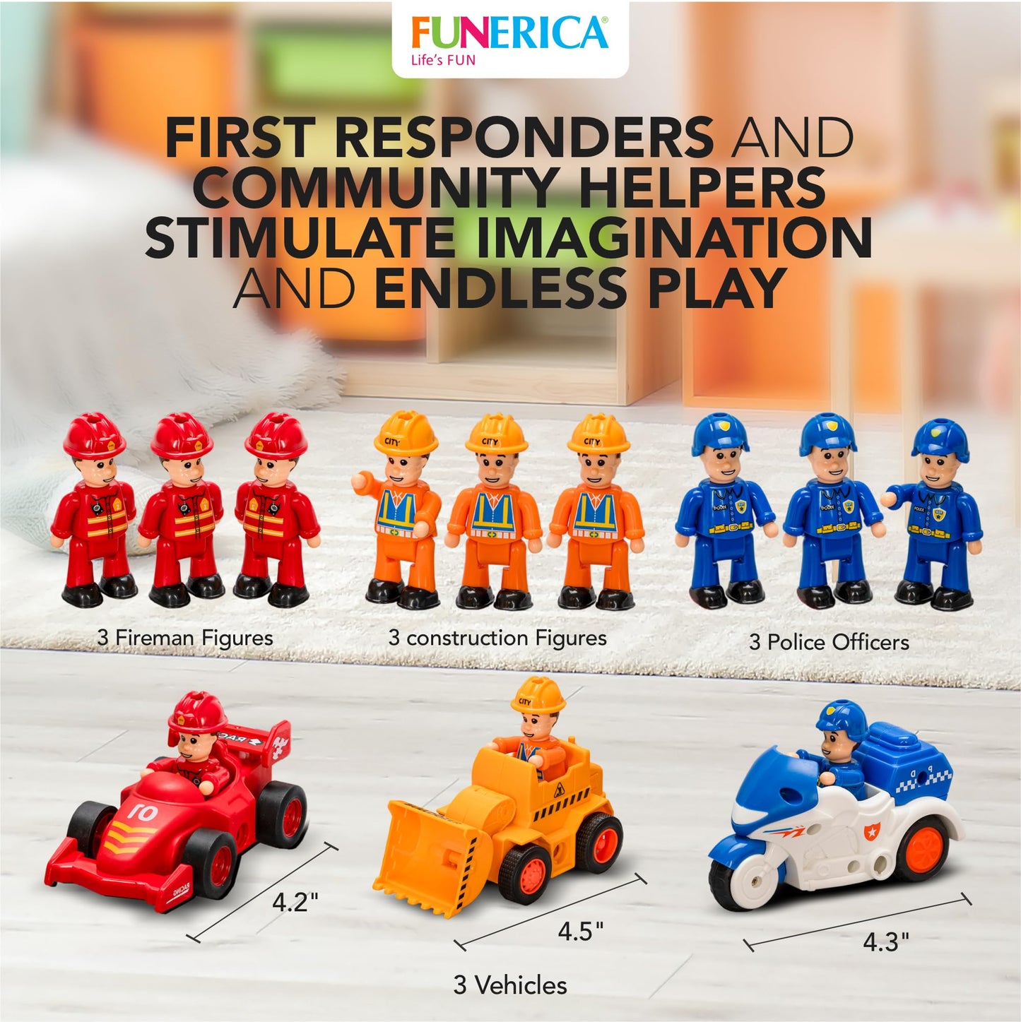 Funerica 12-Pcs People Figures And Toy Cars Playset - Fireman, Police, Construction Workers - Pretend Play Vehicle & Figurine Set Accessories For Kids - Emergency Rescue & Construction Toys