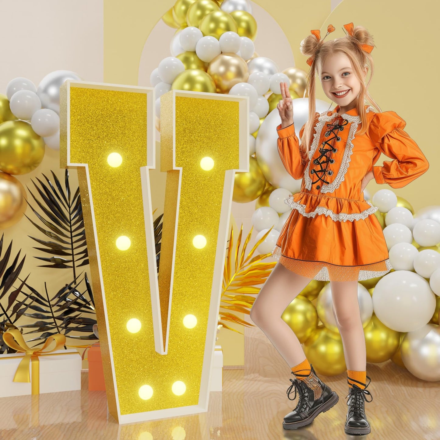 Imprsv Marquee Letters Gold 3Ft: Golden Party Decor - Light Up Letter V Large 3 Feet Tall - Party Decorations Letter For Birthda