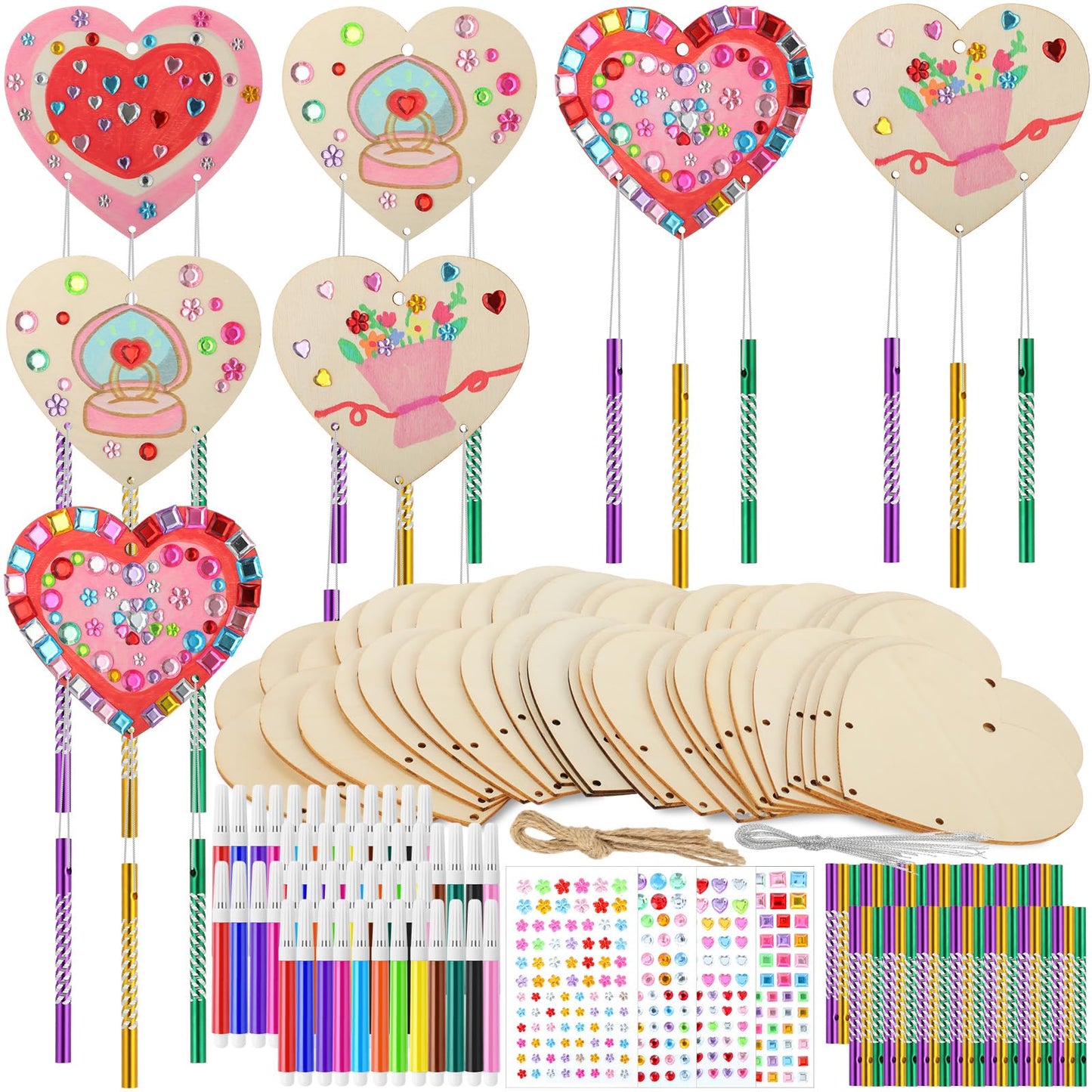 Blueweenly 24 Pack Valentine Crafts for Kids Adults Wooden Heart Wind Chime Kit Make You Own Wood Heart Double Sided DIY Craft V