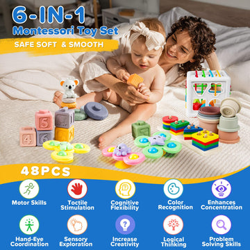 6-In-1 Baby Toys 6 To 12 Months, Montessori Toys For Babies 6-12-18 Months, Infant Teething Toys Stacking Blocks Rings Sensory B