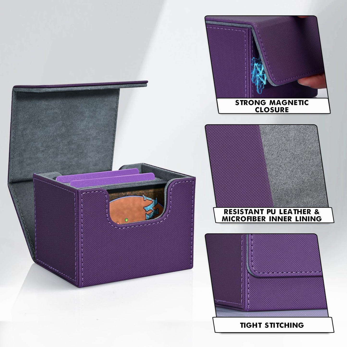 ZLCA Card Deck Box for Trading Cards MTG Commander Deck Box Holds 120+ Single Sleeved Leather Magnetic Card Storage Case Fits for TCG CCG Magic (Purple)