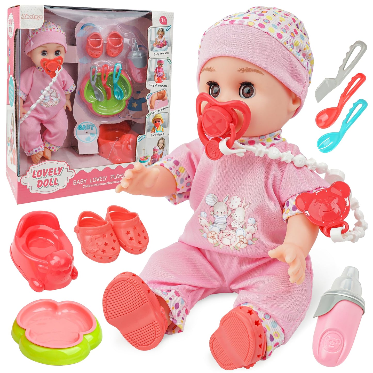 Smilesskiddo 14'' Baby Doll With Open/Close Eyes - Interactive Small Sweet Dolls, 8 Piece Gift Set With Bottle Pacifier & Access