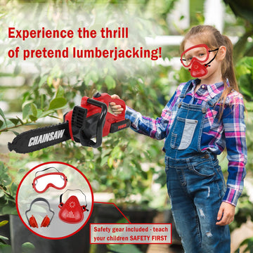 Kids Toy Chainsaw With Sound | Toddler Landscaping Gardening Tools And Equipment | Includes Safety Goggles Mask And Earmuffs