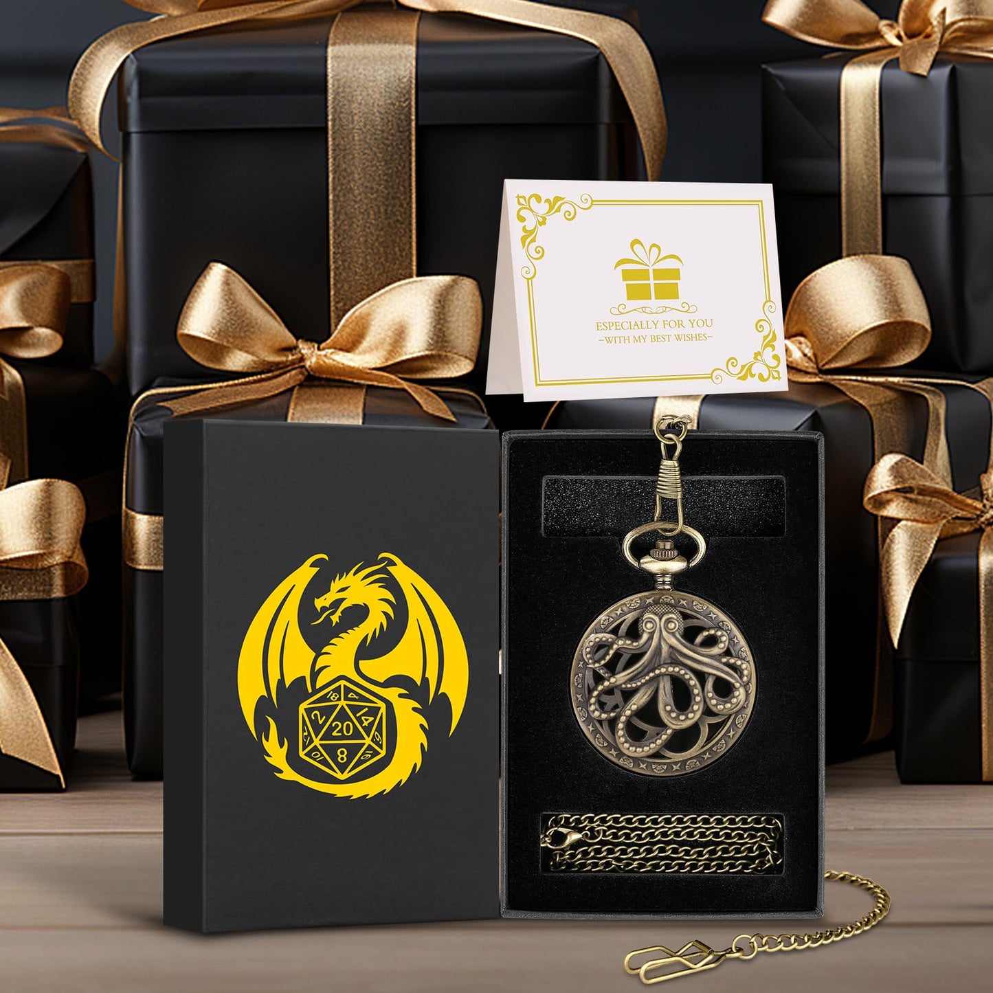 Mini DND Dice Set Steampunk Hollow Octopus Pocket Watch Shell Case, 7pcs Polyhedral Metal D&D Dice Set, DND Gifts with Gift Box