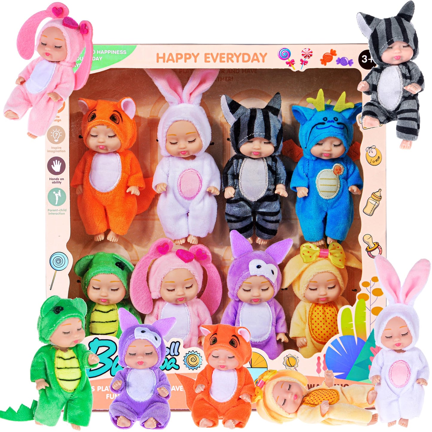 Dollbie 8 Pack Mini Baby Dolls - 4 Inch Animal Theme Lifelike Baby Dolls For Girls
