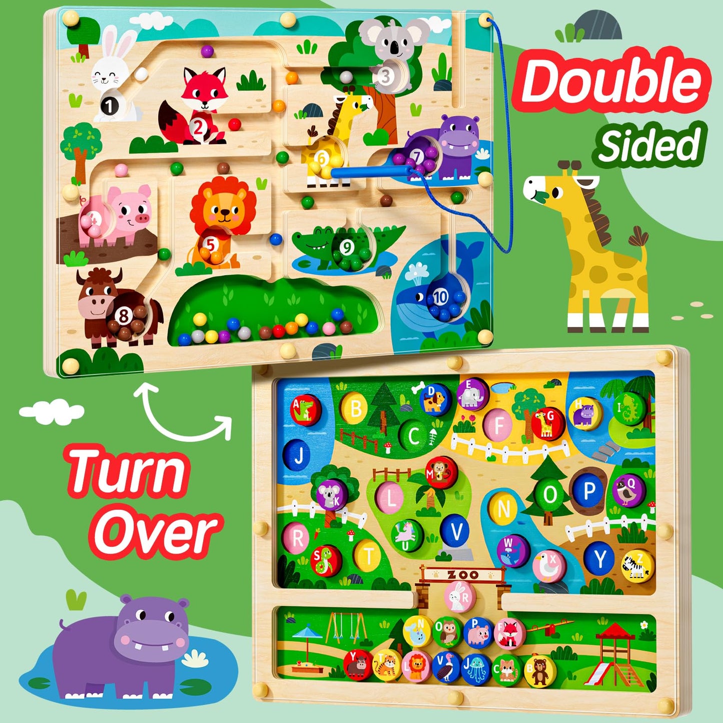 Rifamee 2 In 1 Magnetic Color And Number Maze Magnet Alphabet Counting Zoo Double Sided Board Wood Puzzle Fine Motor Skills Mont