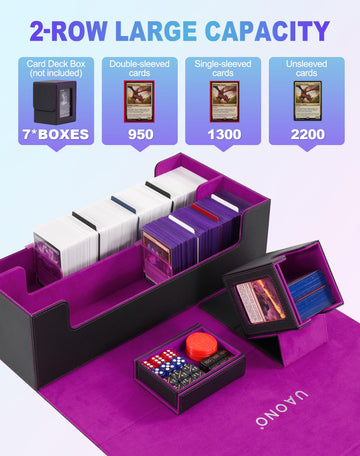 UAONO Trading Card Storage Box for MTG Fits 7 Pcs Small Commander Deck Box Large Card Deck Case with Dice Box for TCG PTCG Magic Sports Cards Game Playmat (Black Purple)