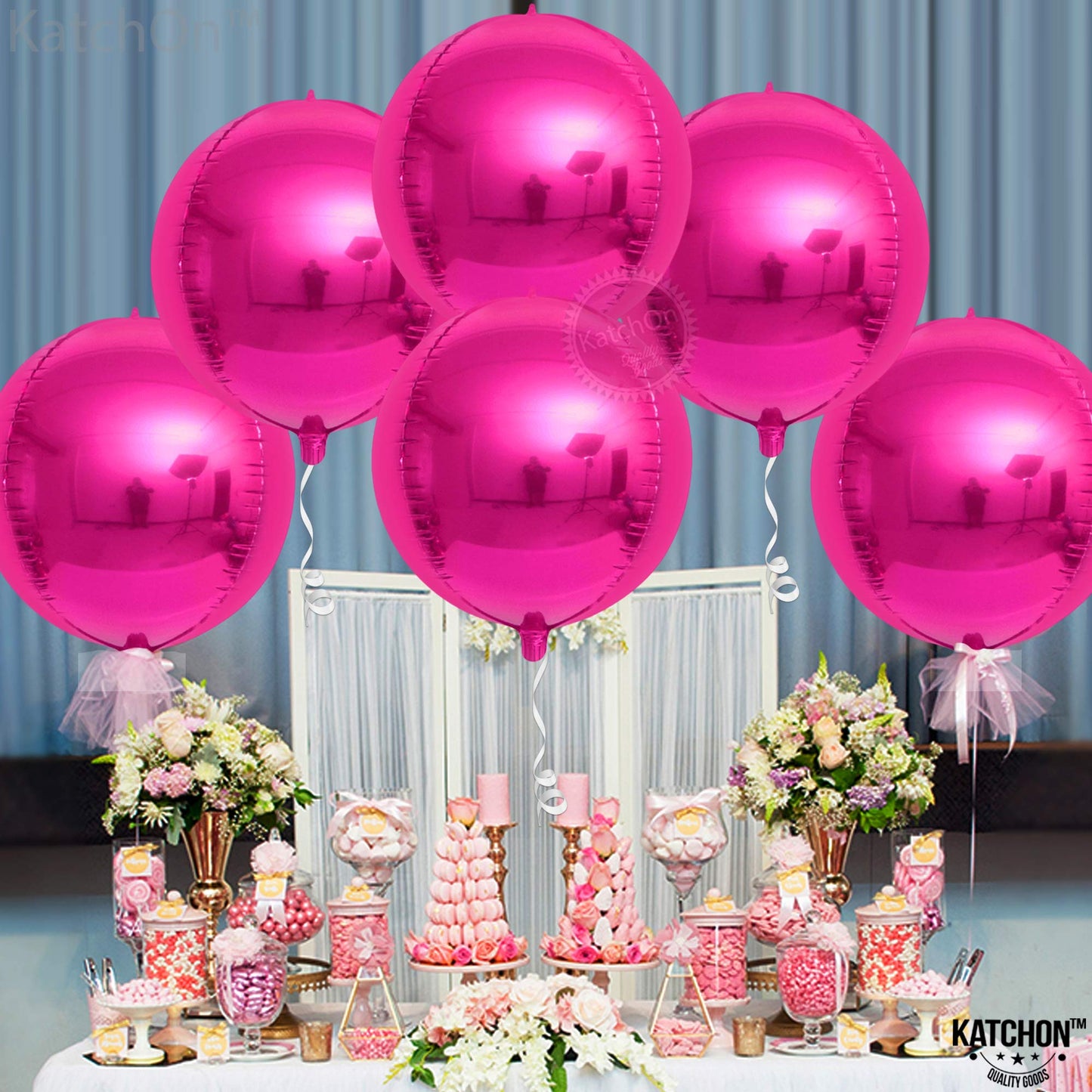 Katchon, Big Hot Pink Balloons - 22 Inch, Pack Of 6 | Round 4D Mylar Hot Pink Foil Balloons | Galentines Balloons For Galentines Day Decorations | Hot Pink Metallic Balloons For Pink Party Decorations