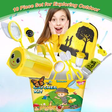 YOPINSAND Bug Catcher Kit for Kids - 10 Pcs Outdoor Explorer Set, Medium, Yellow, Includes Cage, Net, Flashlight, Magnifying Glass