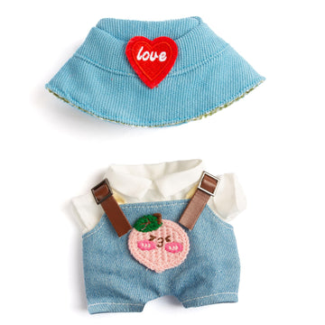 17cm Doll Clothes - Kawaii Chic Style Set for 17cm Dolls Cute Doll Outfit with Accessories - White Shirt + Pink Peach Blue Romper + Heart Shaped Blue Hat (Clothes Only)