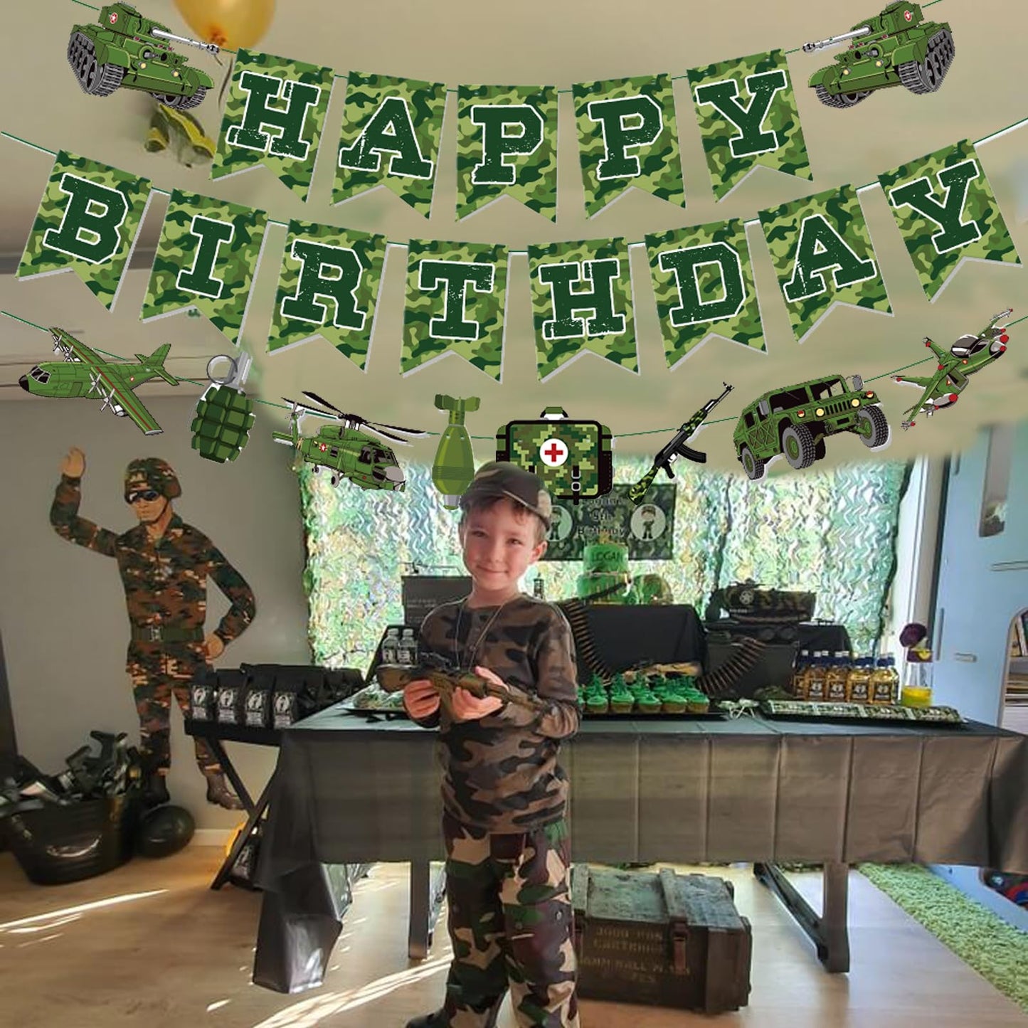 Zwiebeco Birthday Party Decoration Supplies - Green Camo Happy Birthday Banner Sign Hanging Green Paper Bunting Garland Banner F