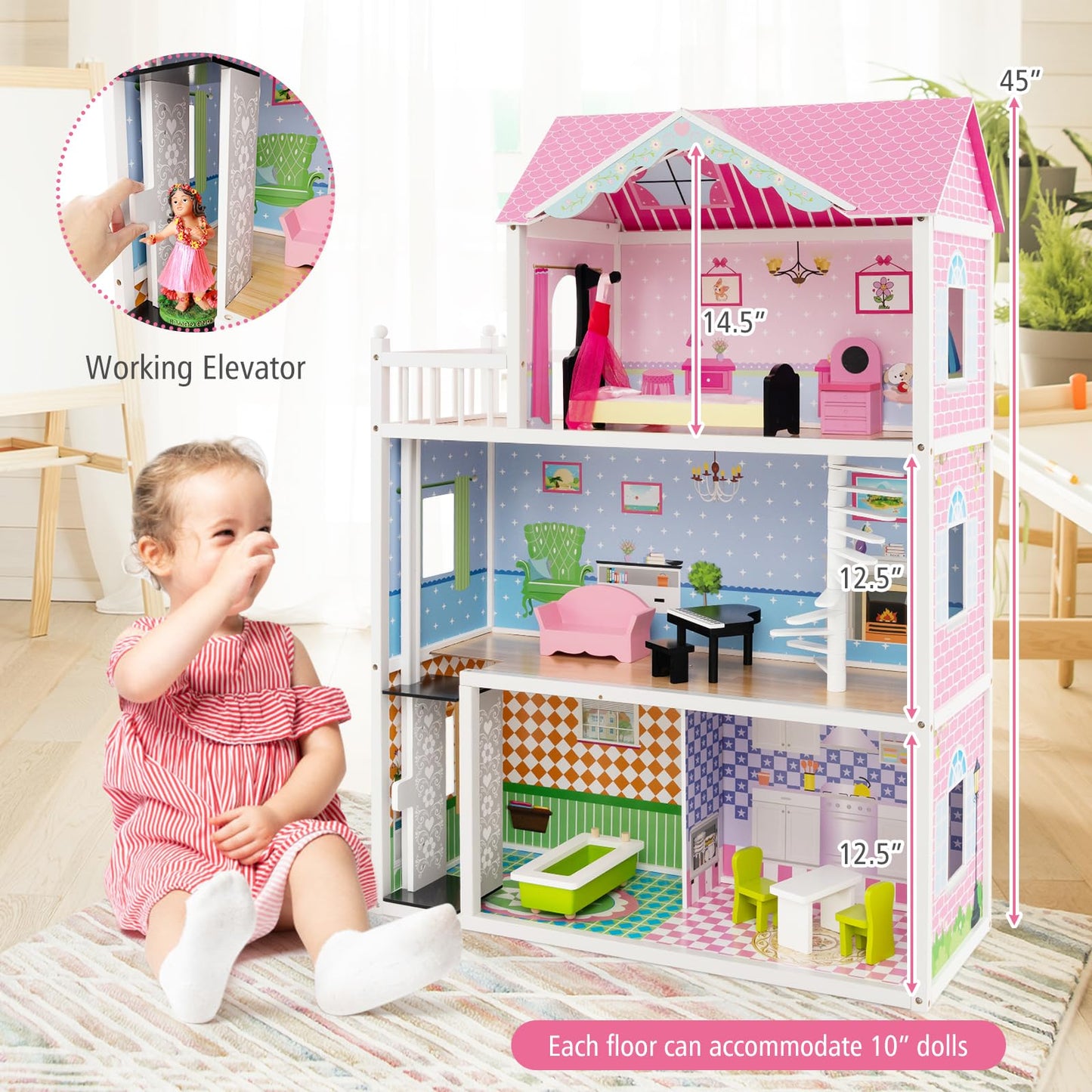 Honey Joy Pink Doll House, 3-Story Wooden Dollhouse W/Working Elevator & Staircase, 10 Pieces Play Accessories & Furniture Included, Pretend Play Doll House Toy, Gift For Toddler Girl Boy, Pink