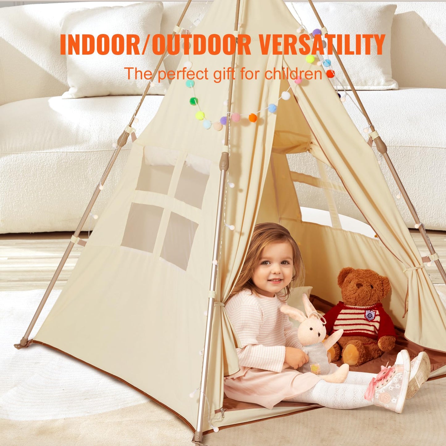 Vevor Kids Play Tent, Teepee Tent For Kids 3-5 Years Old, Tent For Kids With Windows For Indoor And Outdoor, Foldable Toddler Tent With Mat And Carrying Bag, Kids Tent For Boys And Girls, Beige