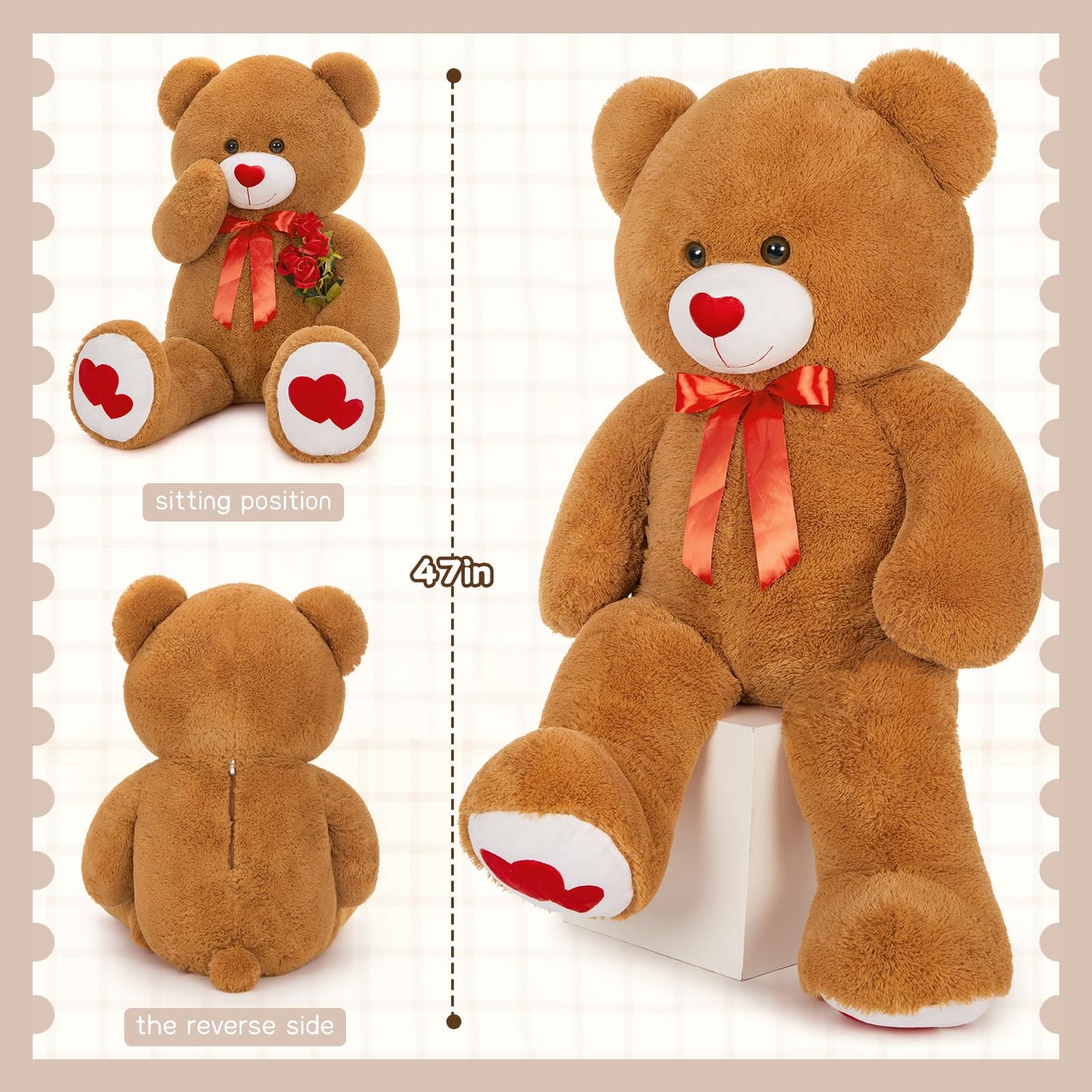 Tezituor Giant Teddy Bear Stuffed Animal 4Ft - Big Teddy Bear With Love Red Heart - Large Stuffed Bear Plush Toys For Kid Christ