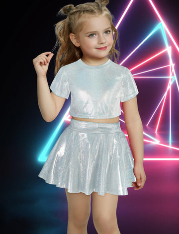Happy Cherry 2Pcs Kids Girls Shiny Metallic Short Sleeve Crop Top With Pleated Skirt Set Dancewear Performance Costumes Silver 1
