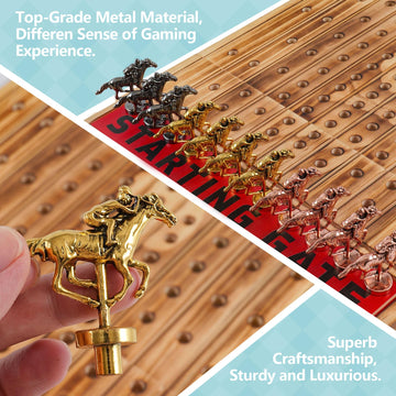 Wahartoly Large Luxury Thickened Wood Foldable Horse Race Board Game Finish LINE Game with 11 Metal Model Horses 2 Sets of Dice