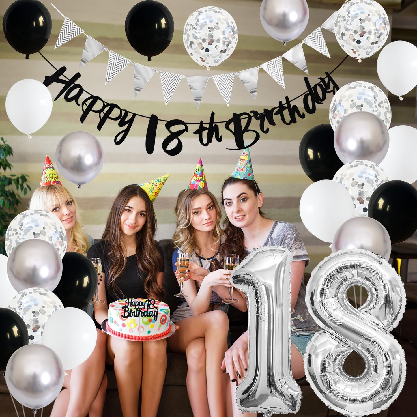 18Th Birthday Decorations For Boys Girls, Black Happy 18Th Birthday Banner With Black Silver White 18Th Birthday Balloons Cake T