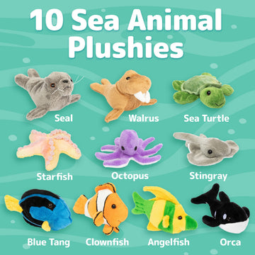 PREXTEX 10 Piece Plush Soft Stuffed Sea Animals - Small Stuffed Animals Bulk - Playset Plush Assortment Turtle Stingray Nemo Fish Killer Whale and More - Bulk Stuffed Animals