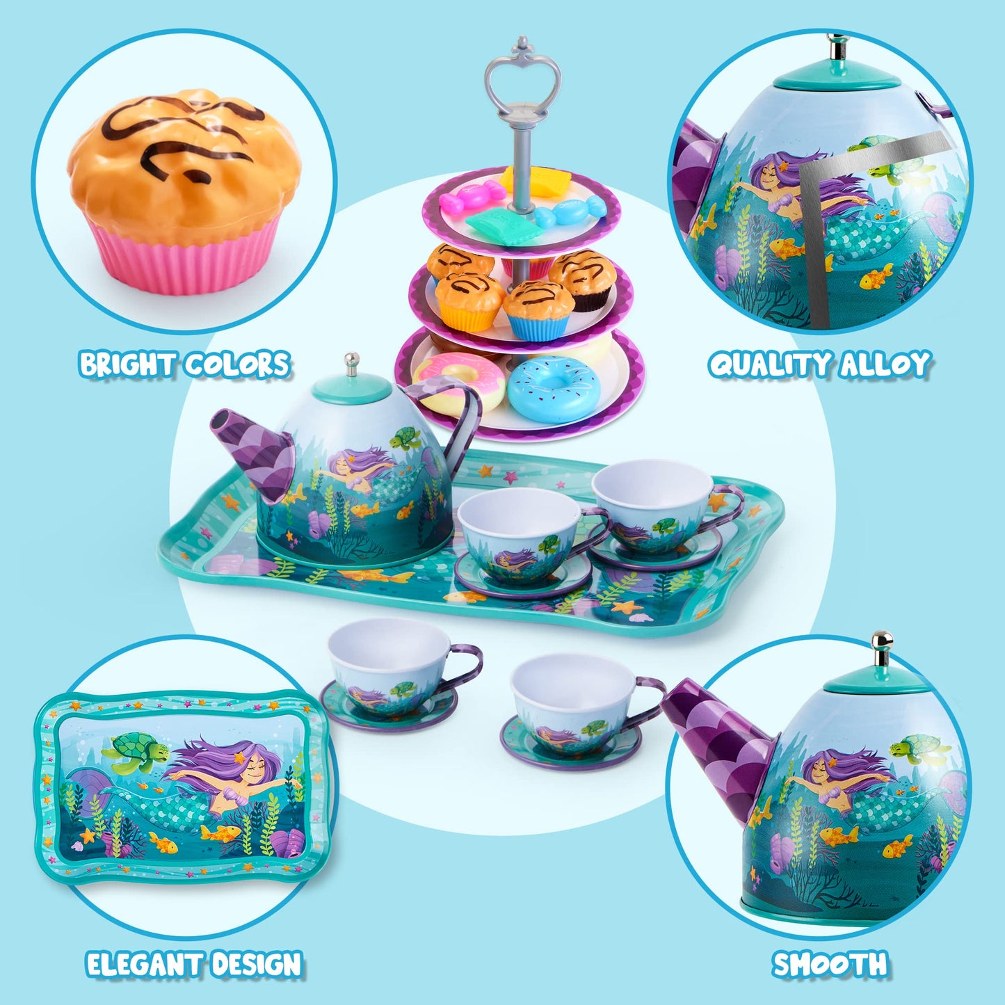 JOYIN 35Pcs Mermaid Tea Party Set for Little Girls, Pretend Tin Teapot Set, Princess Tea Time Play Kitchen Toy with Dessert, Dou