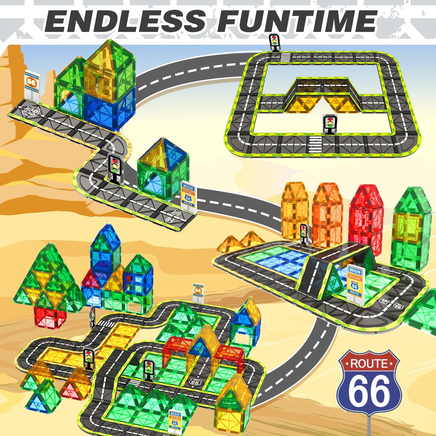 Magnetic Tiles Route 66 Road Set,Magnet Building Blocks For Kids Toys, Creative Construction Toys For Boys & Girls Ages 3-5 4-8