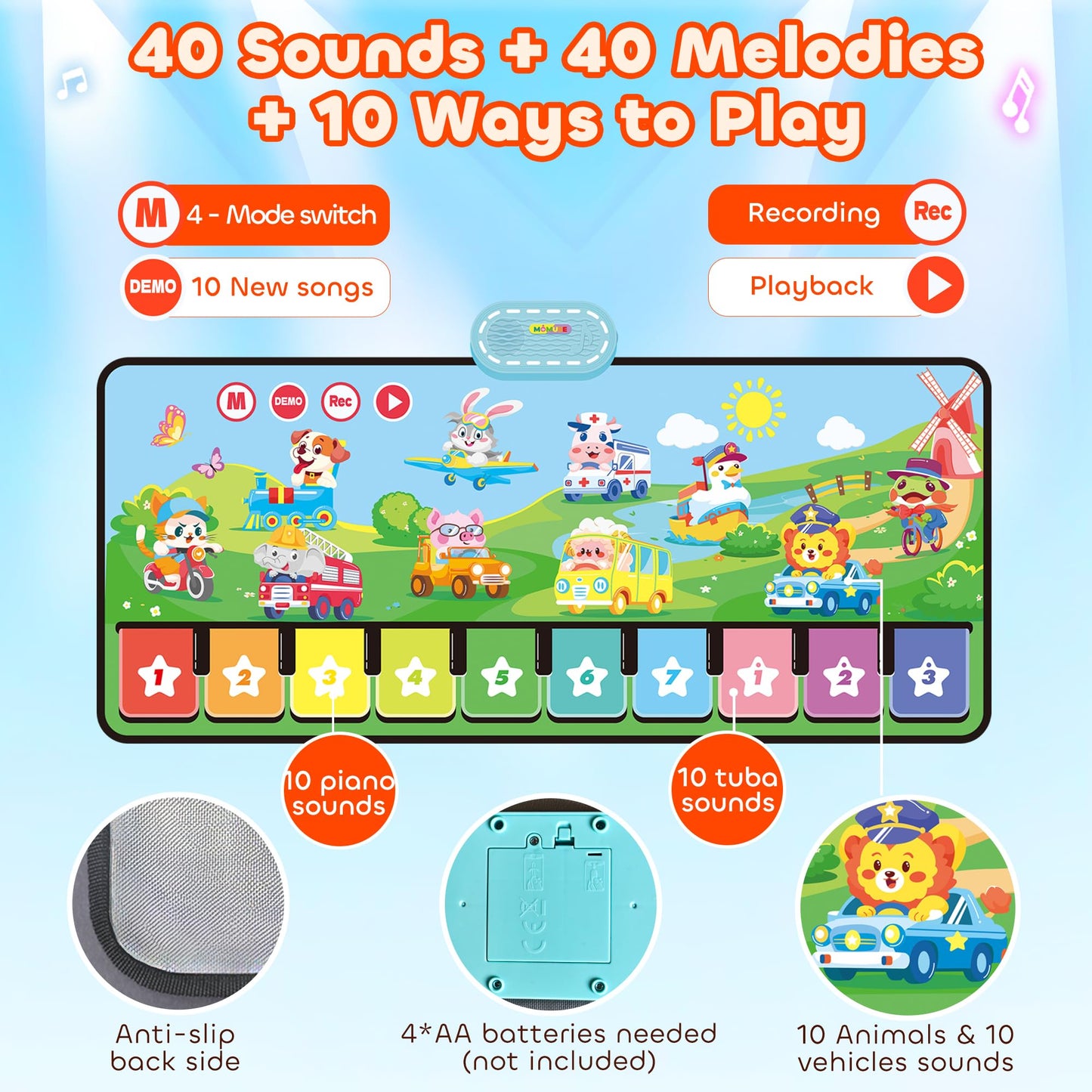 Momuse Piano Music Mat With 80 Sounds, Large Animal Car Touch Blanket Playmat Carpet Musical Toys For Toddlers 1-3, Portable Flo