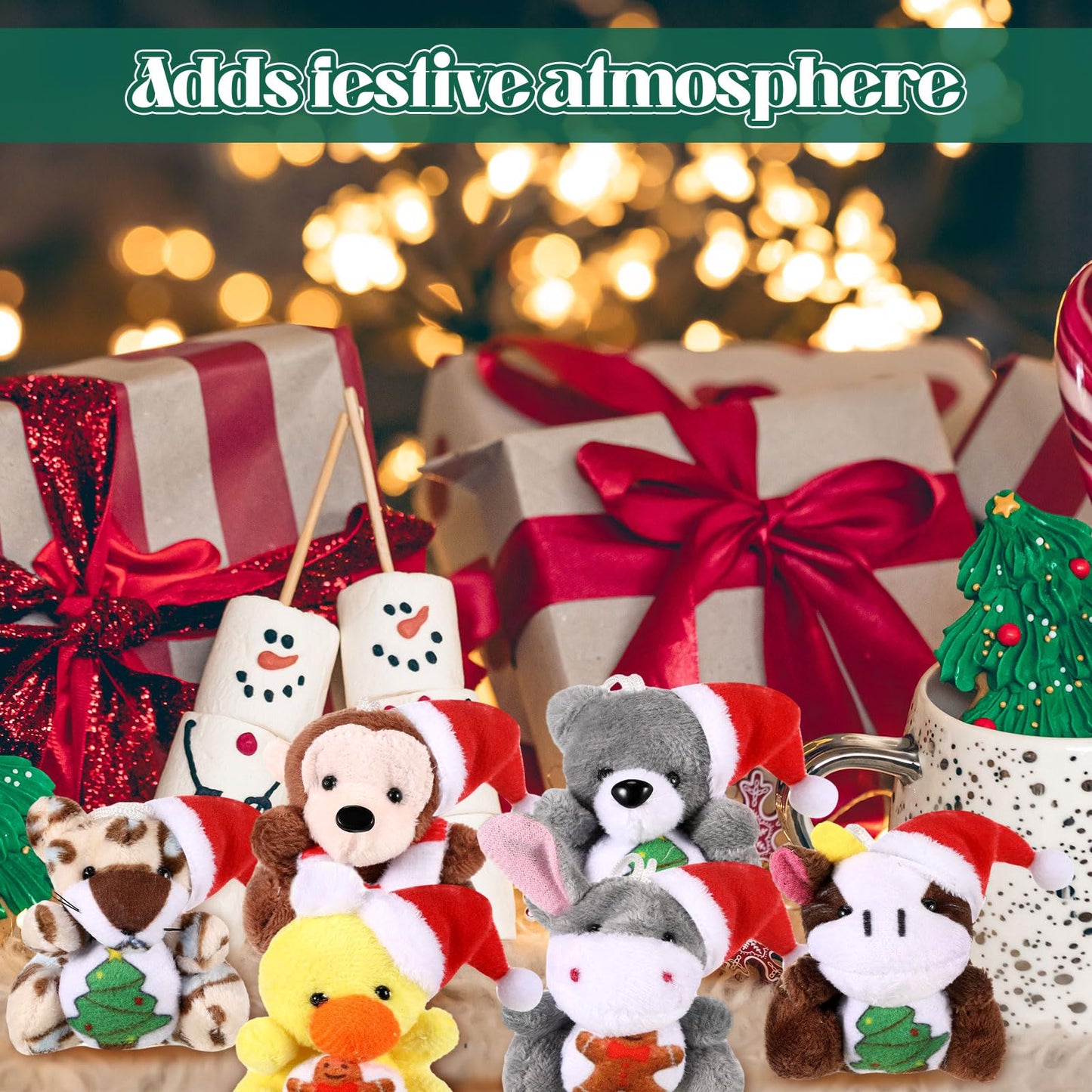 Blueweenly 24 Pcs Mini Christmas Stuffed Animal Bulk Christmas Plush Keychain Decorations Xmas Small Plush Animal Toys With Sant