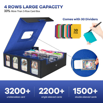 Gomyrod 3200+ Trading Card Storage Box - 4-Row TCG Box, Faux Leather, Black & Blue, Includes 30 Dividers & Dice Tray, Model SN19BD