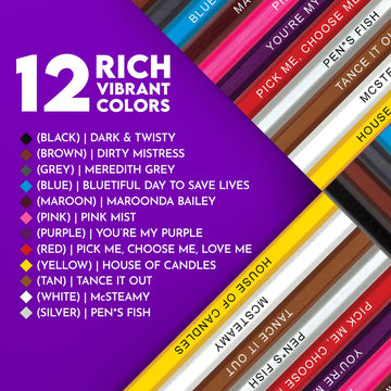 Pun Labs Greys Anatomy-Inspired Colored Pencils Set for Adults - 12 Drawing Pencils with Foil-Stamped Names - Greys Anatomy Gi