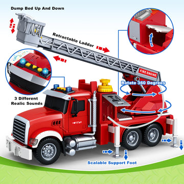 SpringFlower Toy for 3 4 5 6 Years Old Boy,Large Fire Truck Toy with Lights & Sounds, Ladder Fire Truck Toy with Shooting Water