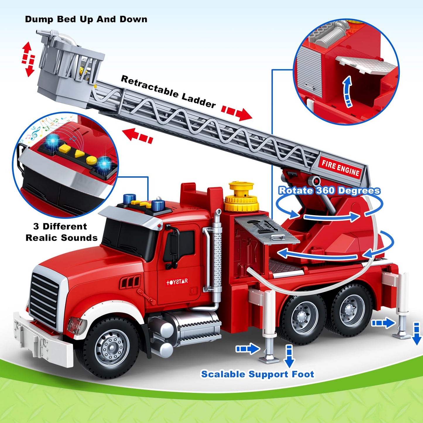 Kids Toys for 3 4 5 6 7 8 Years Old Boys, 15'' Large Fire Truck Toy, Friction Powered Fire Rescue Truck Vehicle Toy with Lights