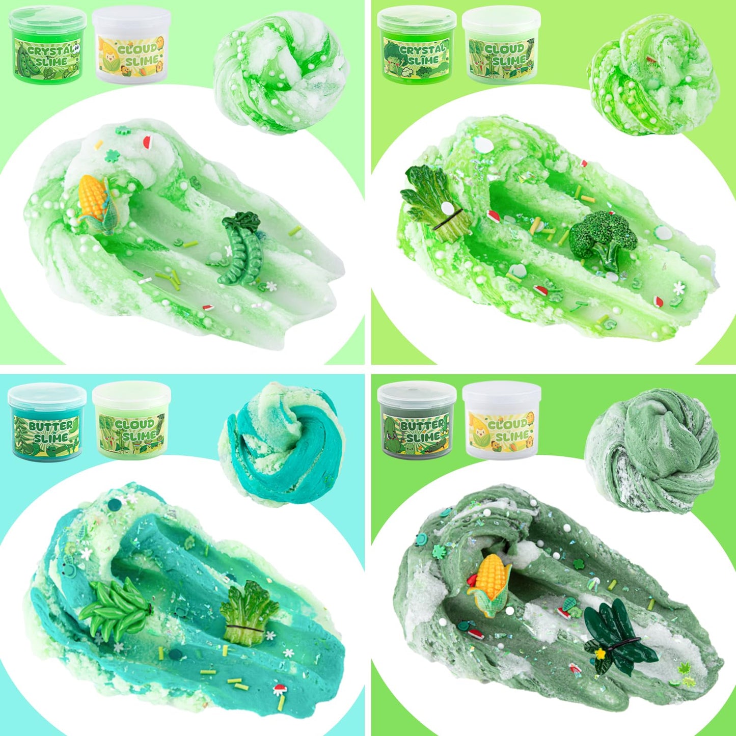 6 Packs Gradient Green Slime Kit - Cloud Slime, Butter Slime & Clear Slime, Crunchy Slime For Kids With Various Slime Add-Ins, Non Sticky Slime Party Favors For Girls And Boys, 360Ml Vegetable Slime