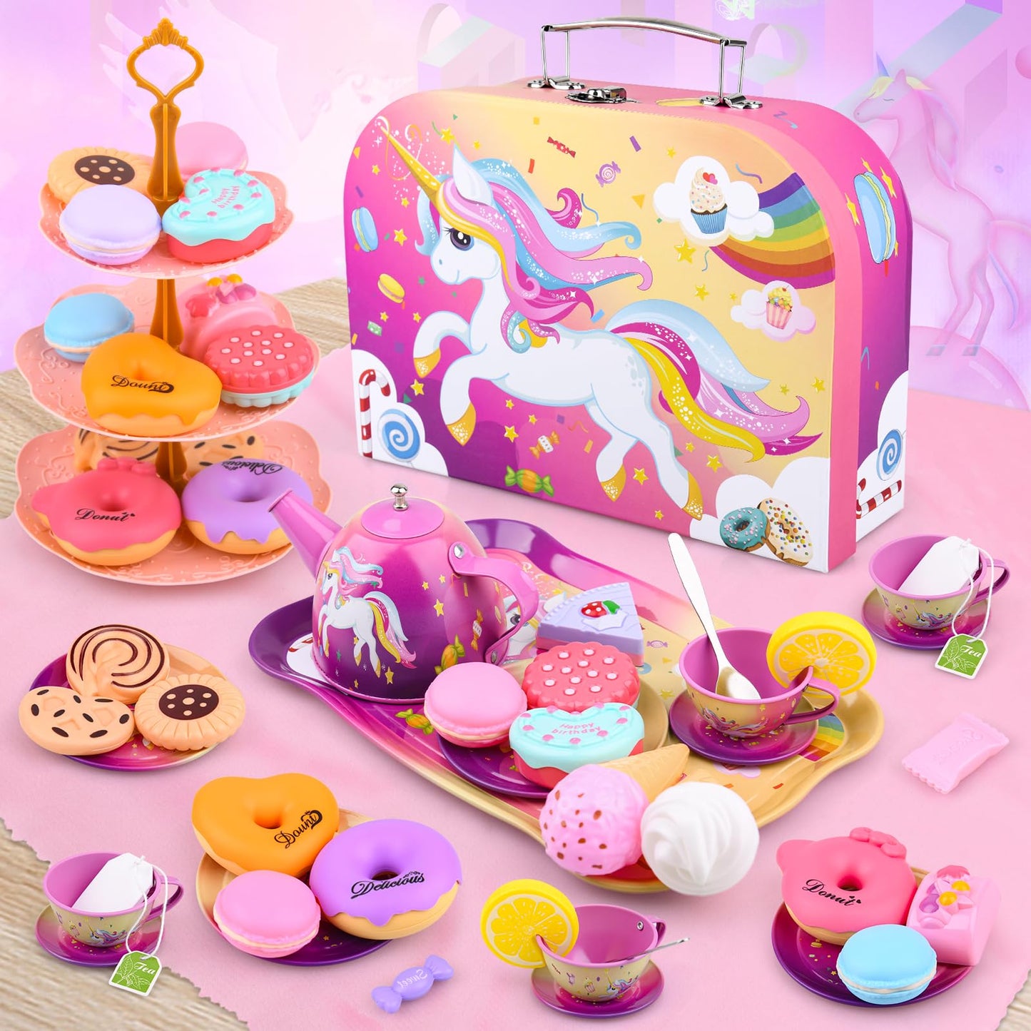 Auney 45PCS Tea Party Set Toys for Girls, Tin Unicorn Tea Set Pretend Play Toy Gifts for Little Girls Age 3-6, Kids Girls Toys G