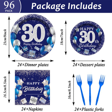 96 Pcs 30Th Birthday Party Supplies Navy Blue And Silver Birthday Plates 30Th Birthday Paper Tableware Happy Birthday Party Plat
