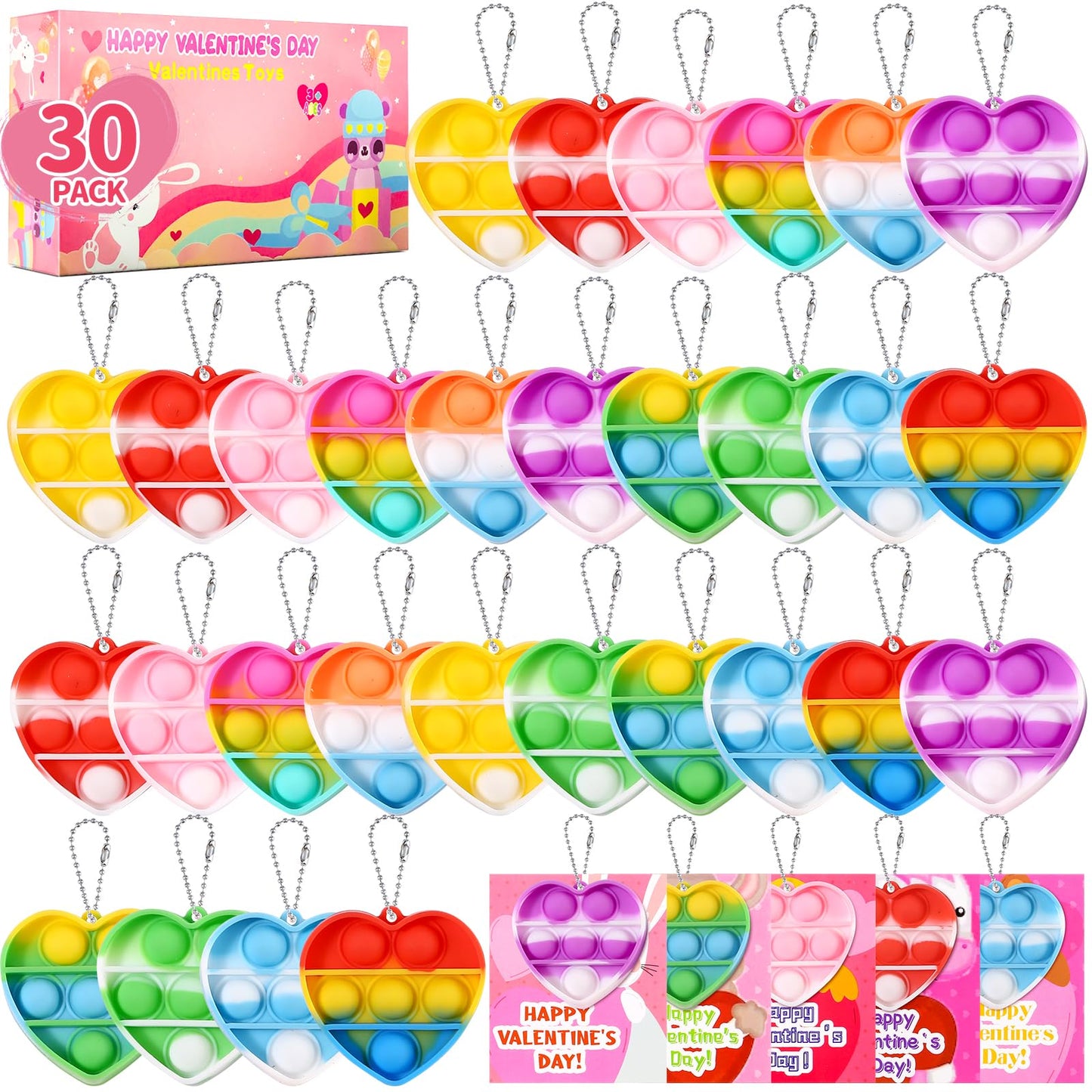 Weceit 30Pack Valentines Cards For Kids Classroom With Heart Pop Bubble Fidget Keychain Toys, Bulk Prizes Toys For Valentines Day Party Favors School Classroom Exchange Gifts Pack For Kids