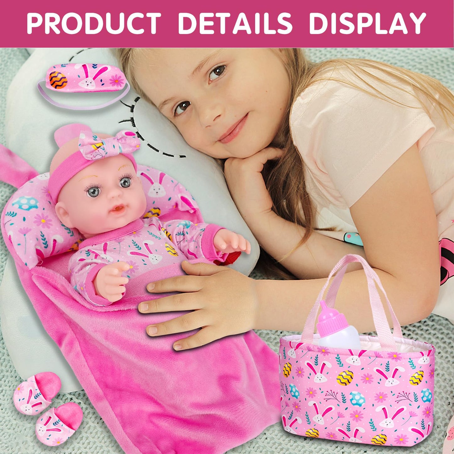 Zqdoll 12 Baby Doll, Bunny Theme Clothes And Sleeping Bag, Realistic Baby Dolls Accessories Set Girl Easter Gift Toy Stuff Pacif