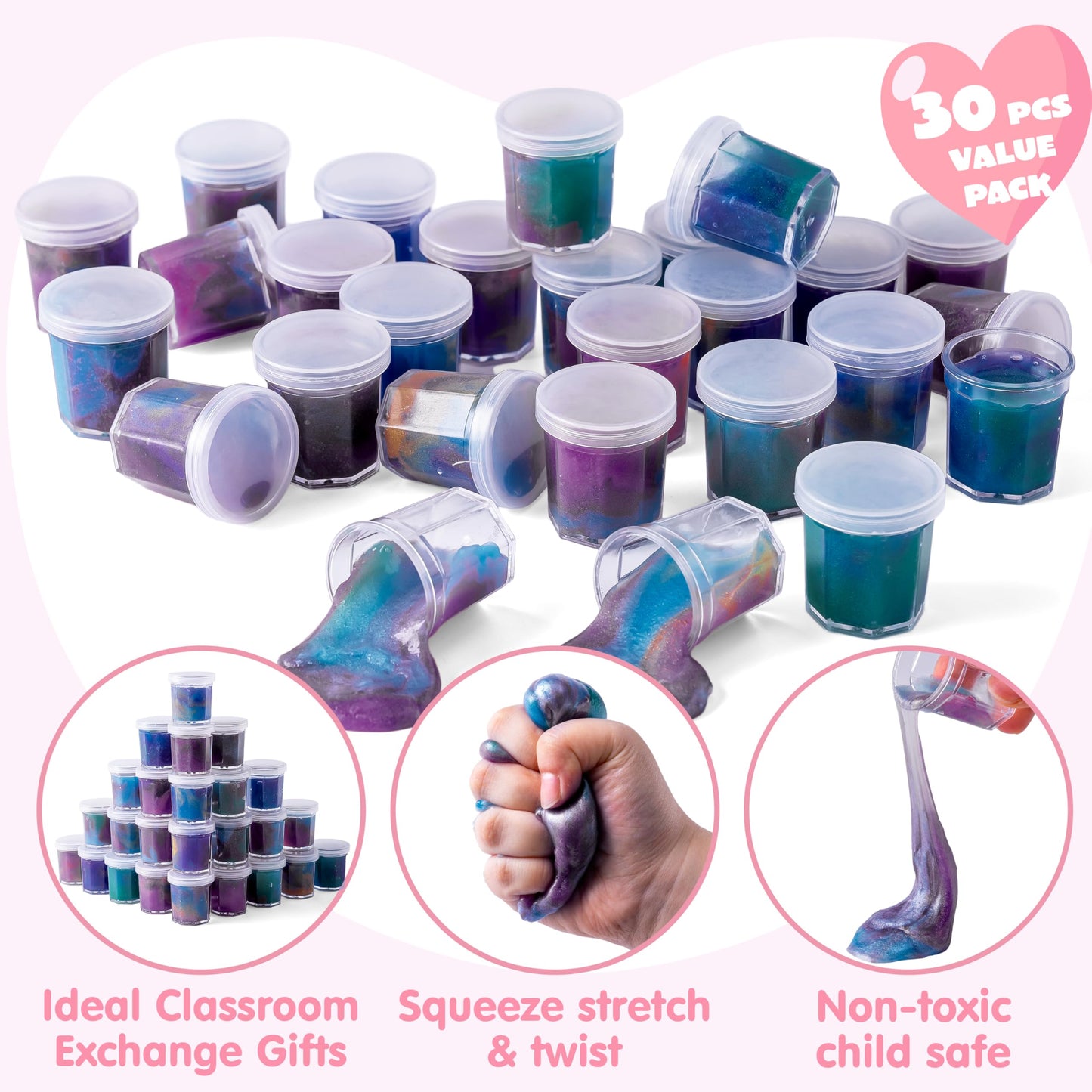 Joyin 30 Packs Valentines Day Gift Cards With Galaxy Slime Stress Relief Fidget Toy For Kids Party Favor, Classroom Exchange Pri