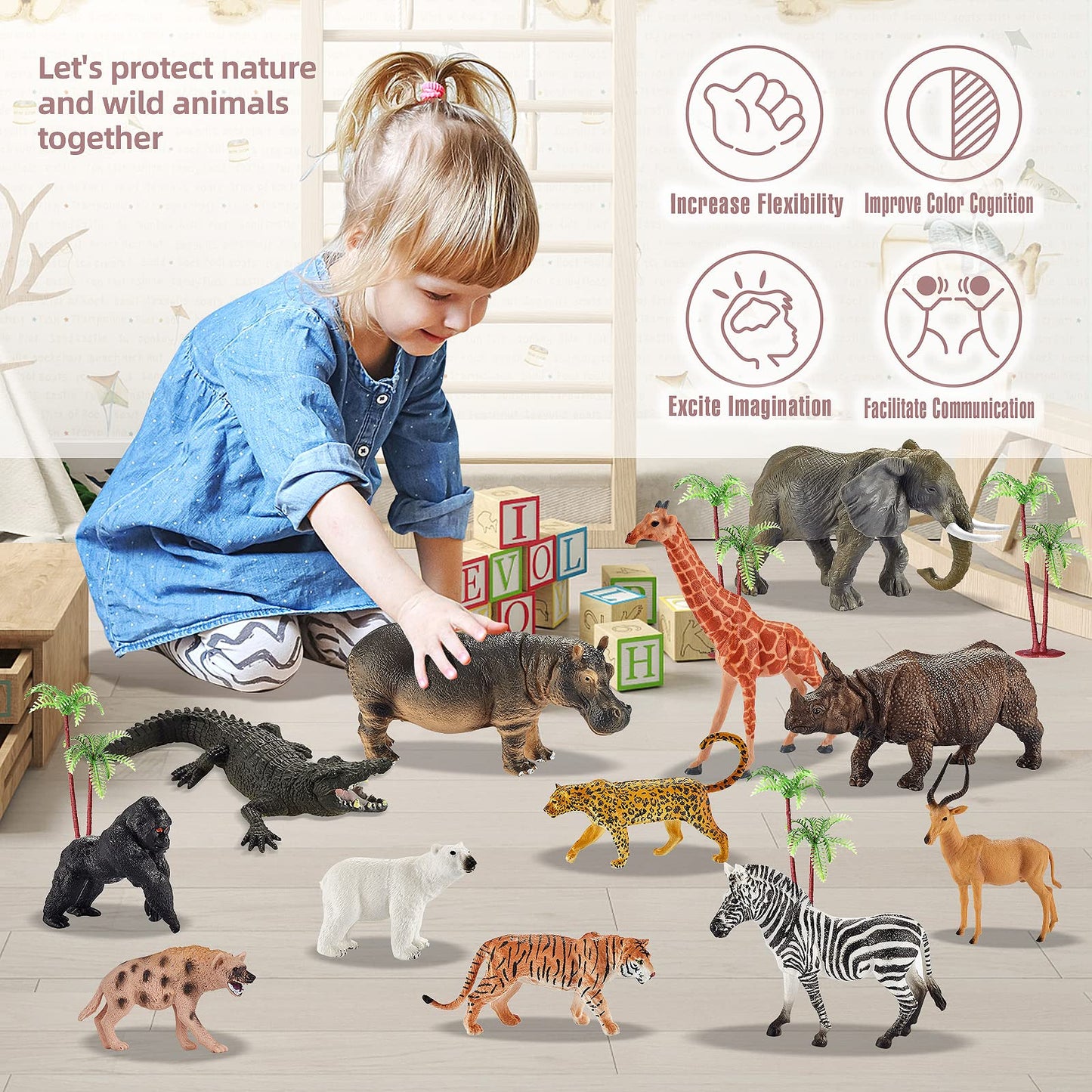 EnAuRoL Safari Animals Toy Set - 31 Pcs Realistic Jungle Figures for Toddlers 3+ Years - Ideal Gift for Boys and Girls - Model JFL-268B